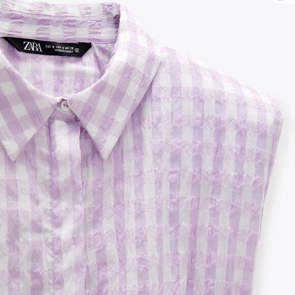 Zara Lilac Gingham Shoulder Pad Cropped Blouse Size S - Picture 4 of 10